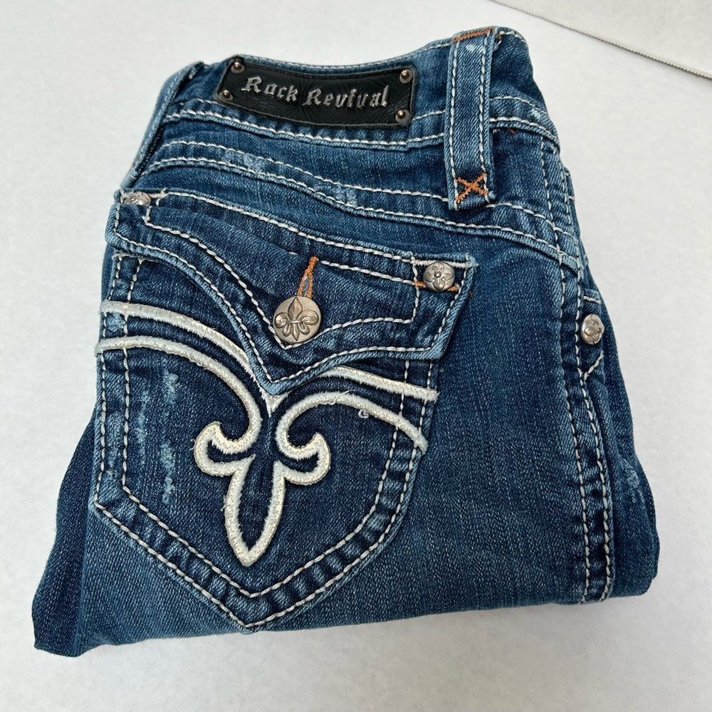 Rock Revival Dark Blue Embroidered Cropped Ankle Jeans
